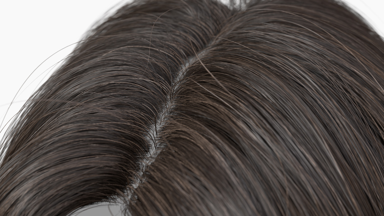 Detailed close-up view of the real-time polygonal female hair mesh, showcasing realistic texture and middle parting. Designed for compatibility with HD and SD 3D head scans, this hair mesh offers lifelike detail for enhanced realism in digital modeling applications.